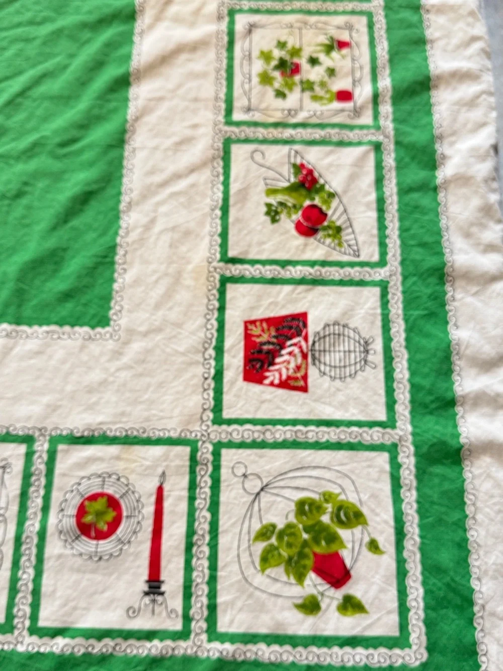 Green and White Botanical Tablecloth with Red Accents - Unbranded